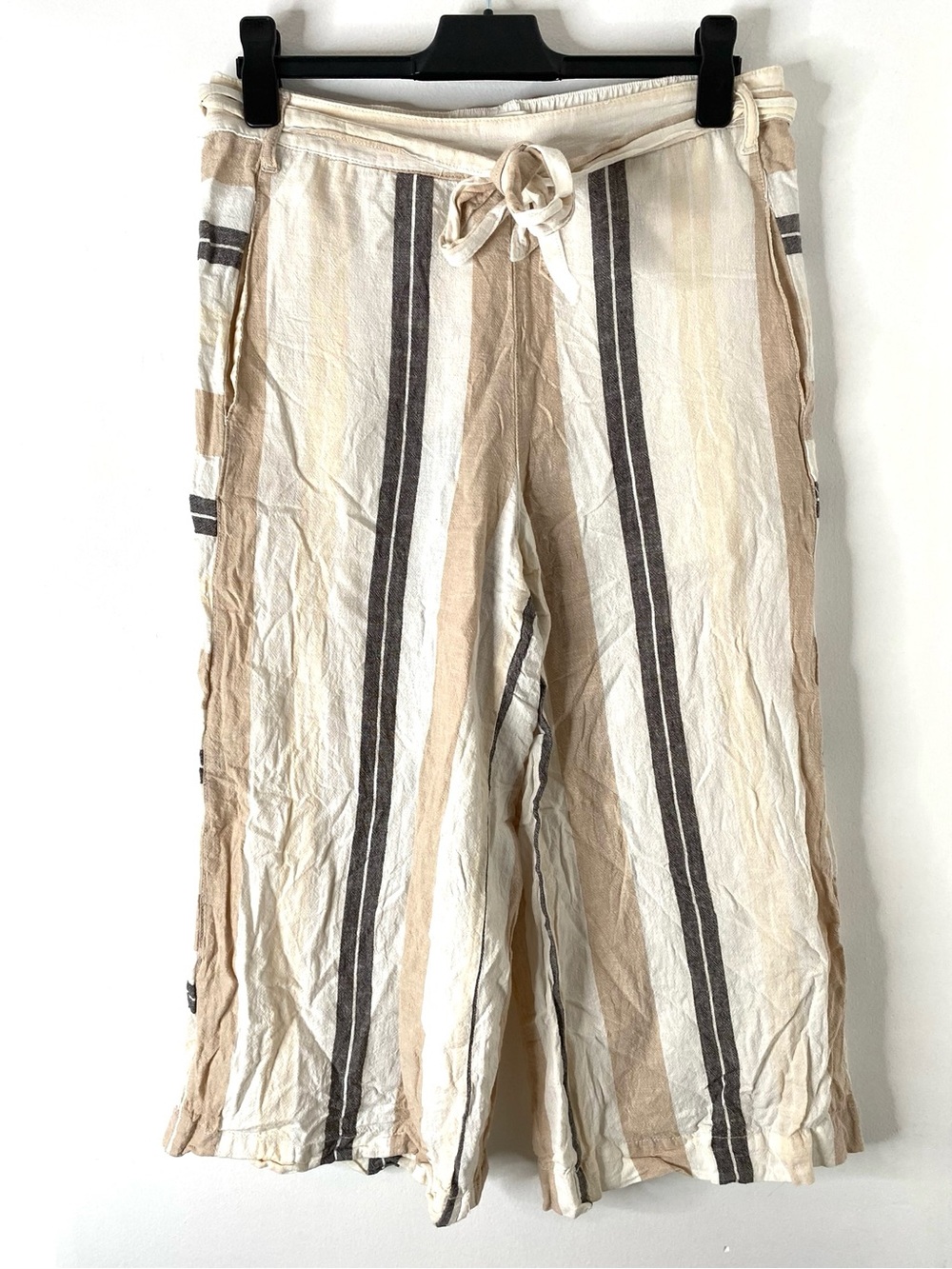 Anthropologie Linen Cotton Striped Wide Leg Crop Pants Belted Elastic Waist